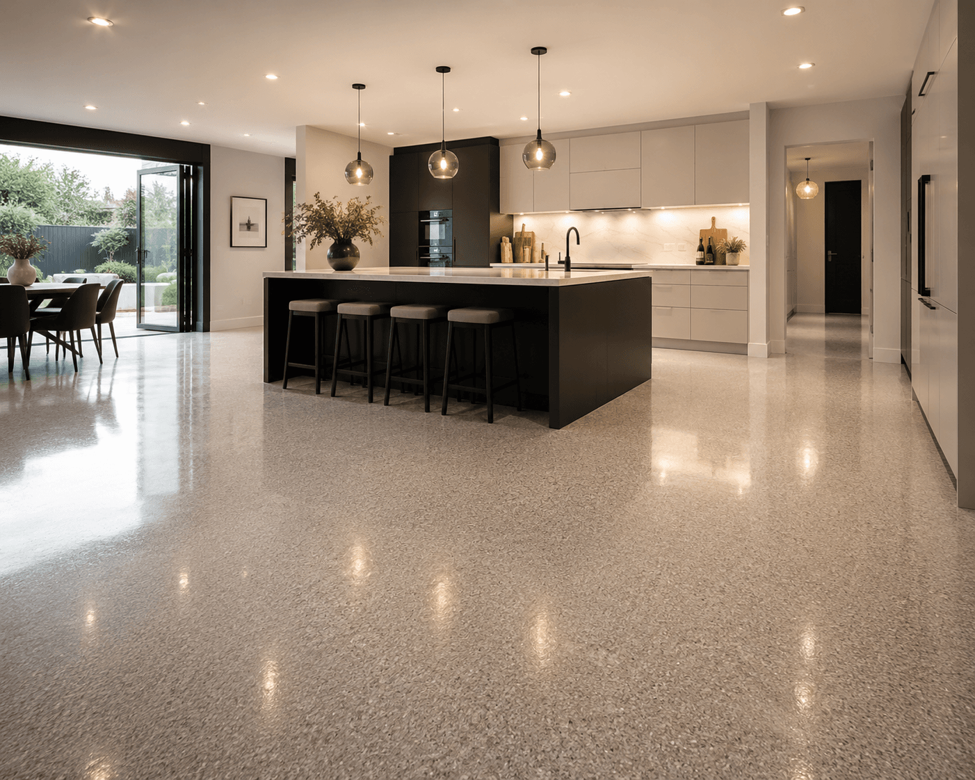Modern kitchen with seamless resin flooring
